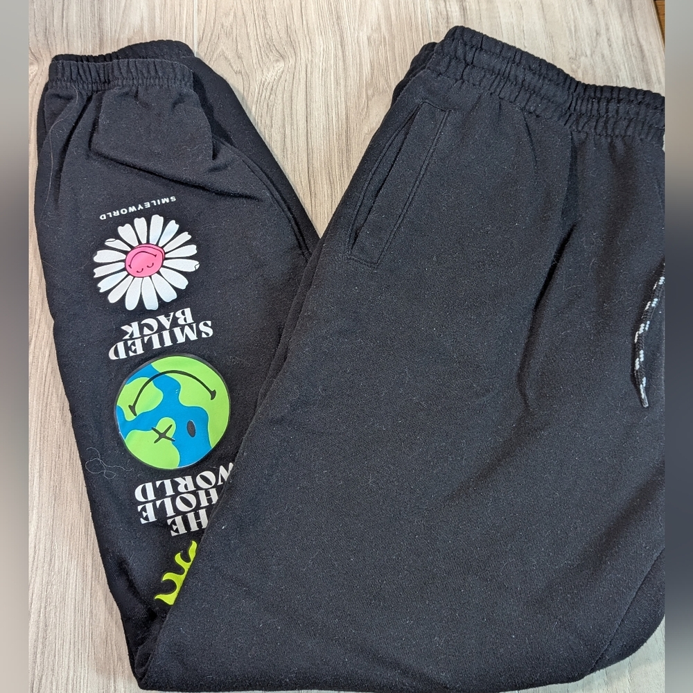 Women's Smiley World Joggers Size Large Black Neon Sweatpants